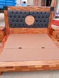 Modern Industrial Wooden Bed Set With Upholstered Headboard and Wooden Inlay (5 by 6)