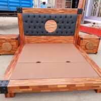 Modern Industrial Wooden Bed Set With Upholstered Headboard and Wooden Inlay (5 by 6)