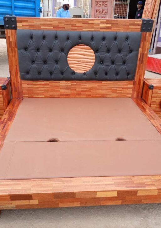 Modern Industrial Wooden Bed Set With Upholstered Headboard and Wooden Inlay (6 by 6)