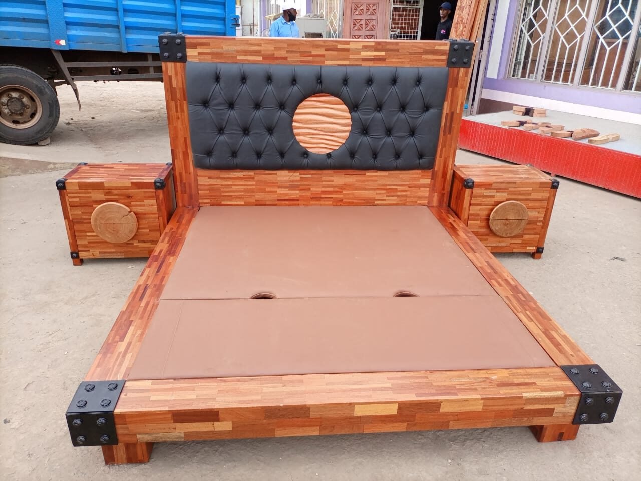 Modern Industrial Wooden Bed Set With Upholstered Headboard and Wooden Inlay (6 by 6)